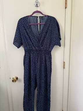 SHEIN Navy Blue Polka Dot Wrap Jumpsuit